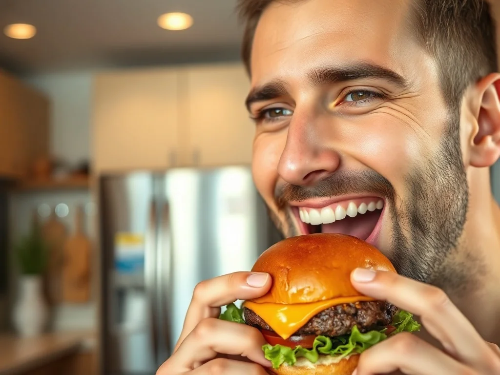 Mężczyzna z apetytem jedzący soczystego burgera w nowoczesnej kuchni, ilustrujący ideę cheat mealu.