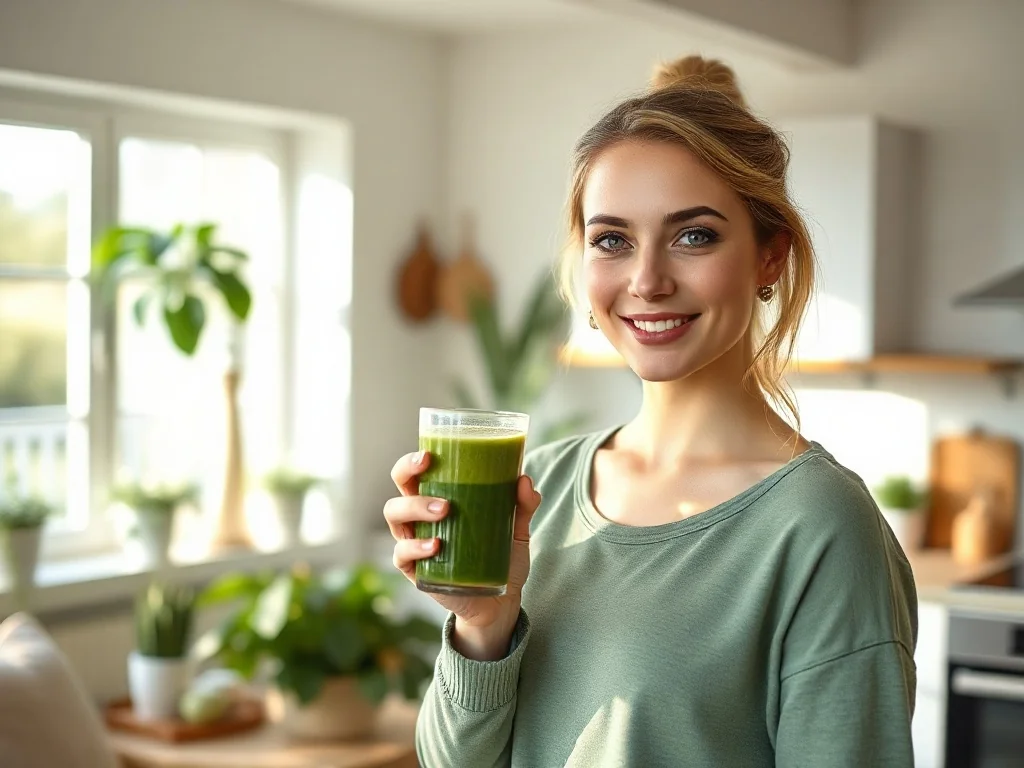 Uśmiechnięta kobieta w słonecznej kuchni trzyma zielone smoothie, symbolizujące zdrowy styl życia i przypływ energii.