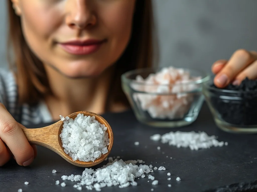 Dłoń trzymająca drewnianą łyżkę z grubą solą morską na tle misek z różnymi rodzajami soli kuchennej.